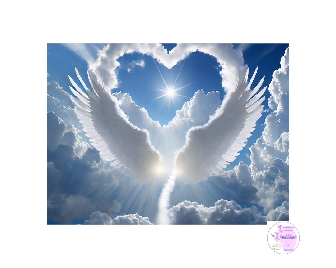 Memorial Image With Heart Clouds and Angel Wings, Ray of