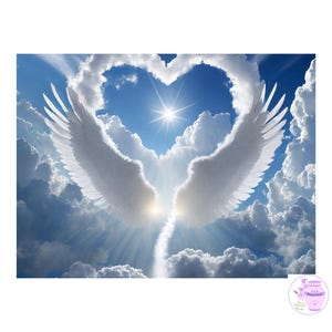Imagen conmemorativa con nubes de corazones y alas de ángel, rayo de luz, en memoria amorosa, fondo celestial, nunca olvidado, descarga digital