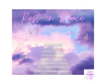 Rest In Peace PNG, In Loving Memory, Pink And Purple, Memorial Heaven Background, Stairs to Heaven, White Doves, DIY Image, Digital Download