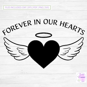 Image commémorative pour toujours dans nos coeurs SVG, ailes et halo, perte d'un être cher, en souvenir de vous, deuil, souvenir affectueux, téléchargement numérique