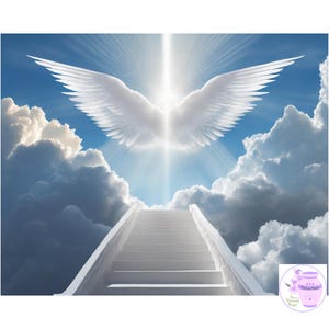 In Loving Memory PNG, Memorial Background, Stairway to Heaven, Pure White Angel Wings, Rest in Peace, Never Forgotten, Digital Download