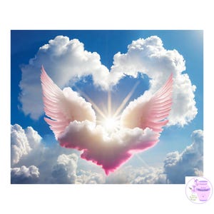 In Loving Memory Pink And White Angel Wings With Fluffy Heart Clouds, Ray Of Sunshine, Memorial Design, Loss Of Loved One, Digital Download