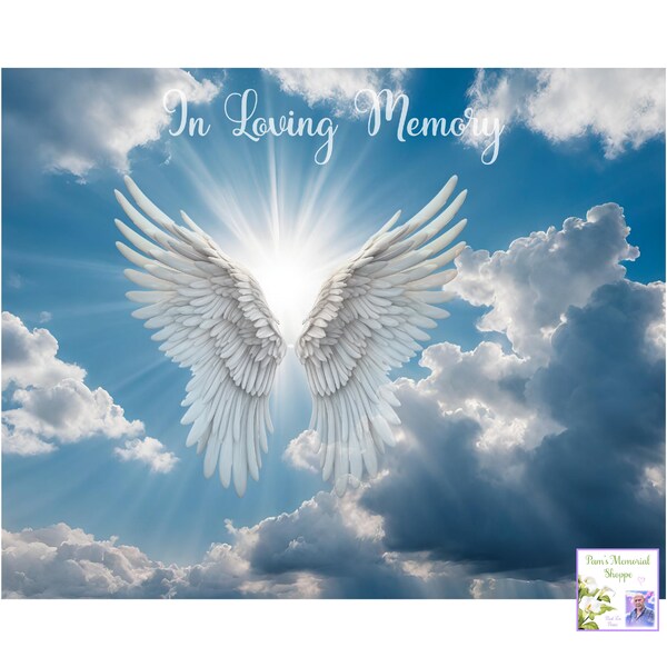 Sky With Clouds And Ray Of Light, In Loving Memory PNG, Angel Wings, Memorial Background, Rest in Peace, Never Forgotten, Digital Download