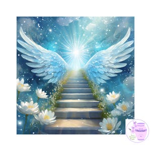 Memorial Image With Blue Angel Wings And Flowers, Stairway To Heaven, Ray Of Light, In Loving Memory, Sympathy Gift, Digital Download