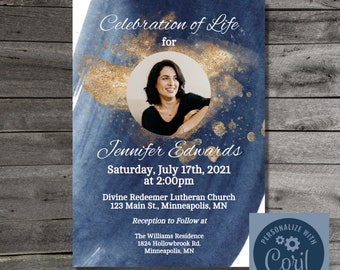 Editable Funeral Announcement Template I Funeral Invitation I Personalized Funeral I Memorial Invitation I Blue Watercolor & Gold I RDS08