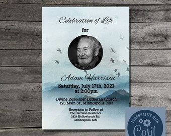 Editable Funeral Announcement Template I Funeral Invitation I Personalized Funeral I Memorial Invitation I Watercolor Mountains I RDS02