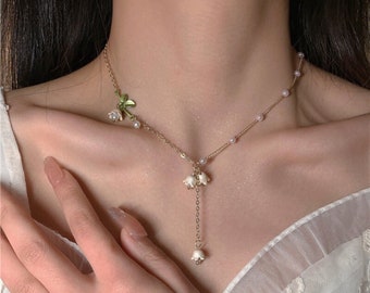 Lily of The Valley Pearl Necklace - Water Lily Necklace - Fairycore Flower Jewelry - Perfect Gift for Her - Summer Gift