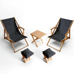 Handcrafted Wooden Garden Furniture Set – Rustic Outdoor Lounge Chairs with Ottoman & Side Table – Foldable Patio Seating, Wooden Deck Chair