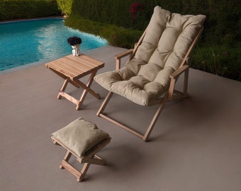 Premium Holz Gartenstuhl & Sonnenliege mit Holzhocker, stilvoll-langlebige Outdoor-Möbel-Set, Liegestuhl, Terrassenmöbel-Set, Sonnenliege.