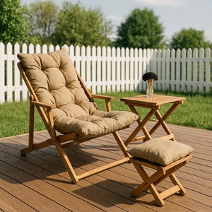 Outdoor Holz Lounge Sessel Set mit Kissen | Klappbare Terrassenstühle und Tisch | Gartenstuhl für Balkon, Deck oder Hinterhof, Holzstuhl.
