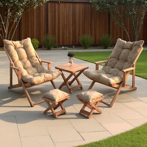 Cozy Wooden Patio Set with Cushions, Folding Garden Lounge Chairs with Footstools and Coffee Table, Outdoor Wooden Lounge Chair Set, Sunbed.
