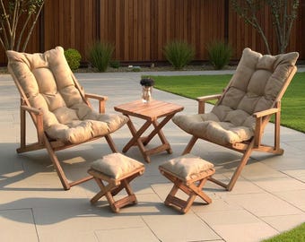Cozy Wooden Patio Set with Cushions, Folding Garden Lounge Chairs with Footstools and Coffee Table, Outdoor Wooden Lounge Chair Set, Sunbed.