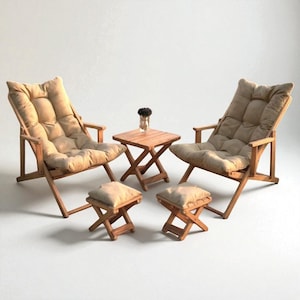 Rustic Wooden Patio Chair Set with Cushions, Folding Garden Chairs with Footstools and Coffee Table, Outdoor Furniture, Garden Chair.
