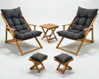 Stilvoller Gartenstuhl aus Holz, Sonnenliege & Hocker, langlebige Terrassenmöbel für den Außenbereich, Liegestuhl, Outdoor Chaise Lounge für den Sommer