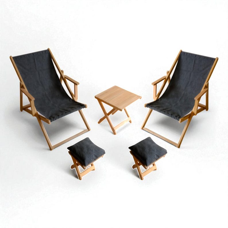 Handcrafted Wooden Garden Furniture Set – Rustic Outdoor Lounge Chairs with Ottoman & Side Table – Foldable Patio Seating, Wooden Deck Chair