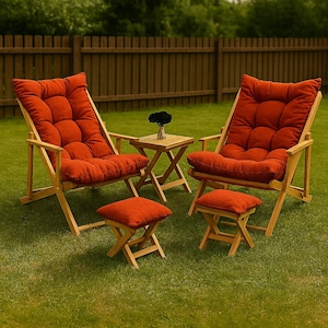 Handgefertigter Holzstuhl mit Kissen - Premium Holzstuhl mit Armlehnen, verstellbare Garten-Sonnenliege.