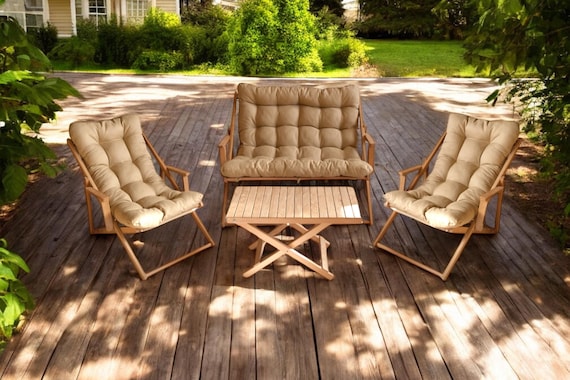 Premium Double-Sized Wooden Patio Chair Set - 2 Adjustable Garden Sun Loungers & Sofa, Folding Outdoor Furniture, Patio Sofa I Deckchair Set