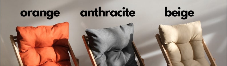May include: Three wooden folding chairs with cushions in orange, anthracite grey, and beige.
