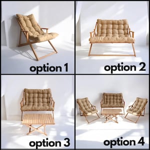 May include: Four different options for wooden folding chairs with beige cushions. Option 1 shows a single chair, option 2 shows a two-seater love seat, option 3 shows a two-seater love seat with a small wooden table, and option 4 shows two single chairs and a small wooden table.