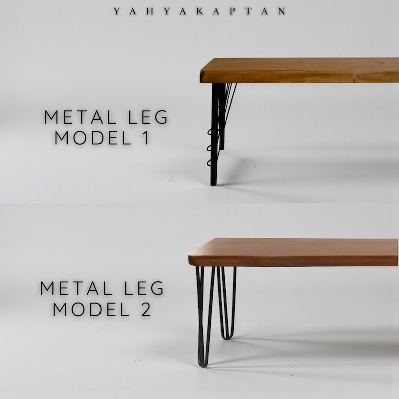 K&ouml;nnte beinhalten: Zwei Holzb&auml;nke mit unterschiedlichen schwarzen Metallbeinen. Die obere Bank ist mit METAL LEG MODEL 1 mit kantigen St&uuml;tzen beschriftet, die untere Bank mit METAL LEG MODEL 2 mit Haarnadelbeinen. Der Markenname YAHYA KAPTAN steht oben.