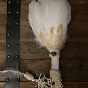 Selenite goose feather smudging fan/ Shaman rattle with crystals inside rattle with deer and cow suede made by Shaman Healer
