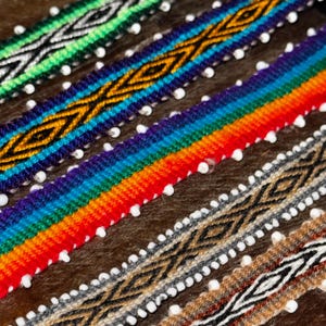 Large Multi-Colored Andean Peruvian Watana woven ties/beaded wraps/ belts/ Mesa ties/ Bracelets/ hat wrap, headband.Handmade from Peru.