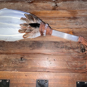 Smudging Selenite fan with obsidian arrow, leather or faux suede cord, handmade by Shaman healer