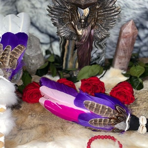 Personalized Ceremonial Smudging Fan. Palo Santo wood:crystal  arrow, ,cowhide, leather or rabbit fur made by Shaman Healer