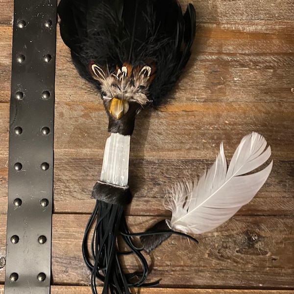 Selenite goose feather smudging fan/ Shaman rattle with crystals inside rattle with cow suede made by Shaman Healer.