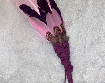 Smudging feathers with obsidian arrow with suede or faux suede  cord handmade by Shaman healer