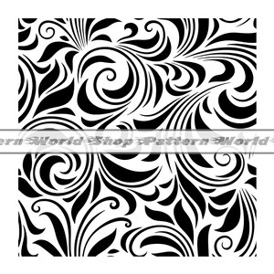Può includere: Motivo floreale senza cuciture in bianco e nero con motivi floreali a spirale. Il motivo è intricato e dettagliato, con una varietà di forme e dimensioni di fiori e foglie.