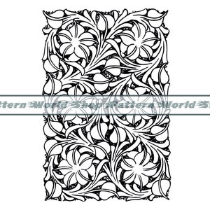 May include: Black and white line art illustration of a floral pattern with stylised flowers and leaves. The pattern is repeated throughout the image.