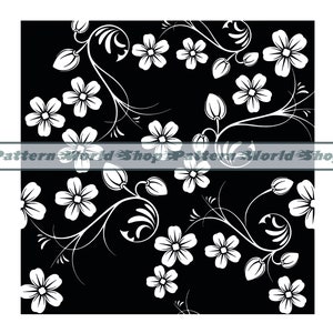 May include: A black and white seamless pattern featuring stylised white flowers and vines on a black background.