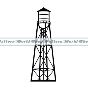 May include: Black and white silhouette of a water tower with a tall, narrow structure and a rectangular tank at the top.