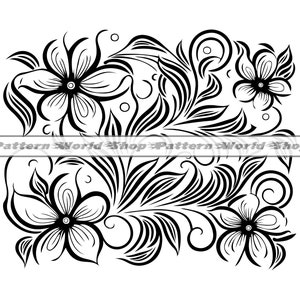 May include: A black and white floral design featuring stylized flowers and leaves. The image shows a rectangular arrangement of swirling lines and circular accents. The text "Pattern World Shop" is displayed across the centre.