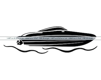 May include: Black and white silhouette of a speedboat with waves behind it.