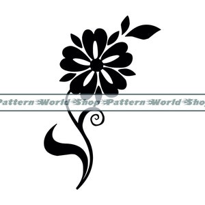 May include: Black and white silhouette of a stylized flower with a single stem and leaves.