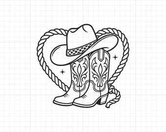 Cowboy Hat Boots SVG: Western Cowgirl Rope Heart Cut File