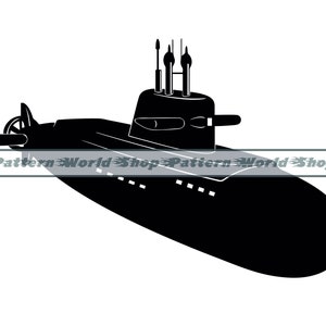 Peut inclure: Silhouette noire et blanche d'un sous-marin avec un périscope et une hélice.