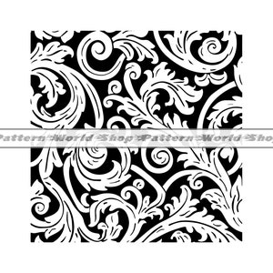 May include: Black and white seamless pattern featuring a repeating design of stylized floral swirls and leaves.