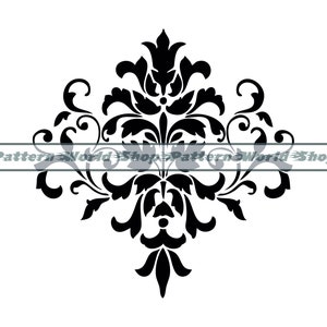 May include: Black and white damask pattern with a floral design. The pattern is symmetrical and has a repeating motif of leaves and flowers.
