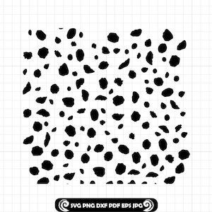 May include: Black and white digital design featuring a pattern of irregular black spots on a white background. The spots vary in size and shape, creating a speckled effect. The bottom right corner includes the text "SVG PNG DXF EPS JPG".