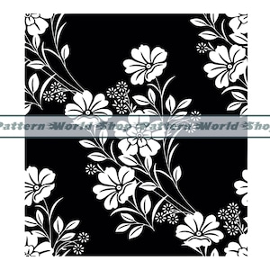 Könnte beinhalten: Schwarz-weißes Blumenmuster mit weißen Blüten und Blättern auf schwarzem Hintergrund. Das Muster ist nahtlos und wiederholt sich.