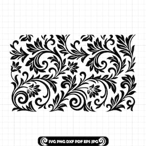 May include: Black floral pattern featuring swirling leaves and vines on a white background. The rectangular design includes the text "SVG PNG DXF PDF EPS JPG" in the bottom right corner.