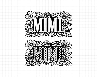 Floral Checkered Mimi SVG PNG Design: Grandma Name with Flowers Cut File