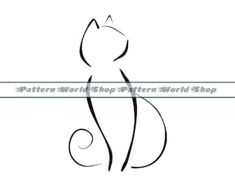 May include: A simple line drawing of a cat sitting with its tail curled around its legs. The cat is facing to the right and has a long, thin tail.