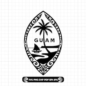 May include: A black and white graphic design featuring the seal of Guam, which includes a palm tree, a proa boat on the water, and the text GUAM. The design is enclosed in an oval shape with decorative tribal patterns along the border.