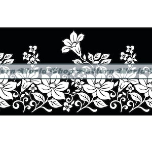May include: Black and white floral pattern with large white flowers and smaller white flowers on black background. The pattern is seamless and repeats.