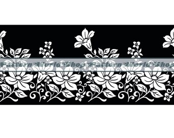 May include: Black and white floral pattern with large white flowers and smaller white flowers on black background. The pattern is seamless and repeats.