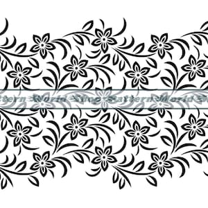 May include: Black and white floral pattern with a repeating design of stylised flowers and leaves.